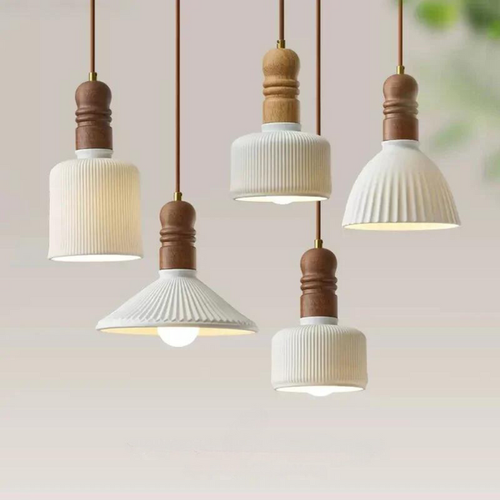 White Ceramic Wood Pendant Light