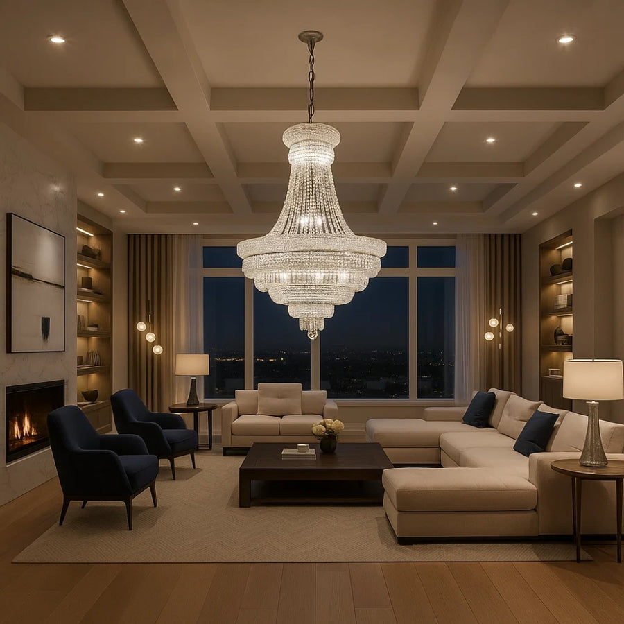 Luxurious living room with a chandelier, sofa, and fireplace.