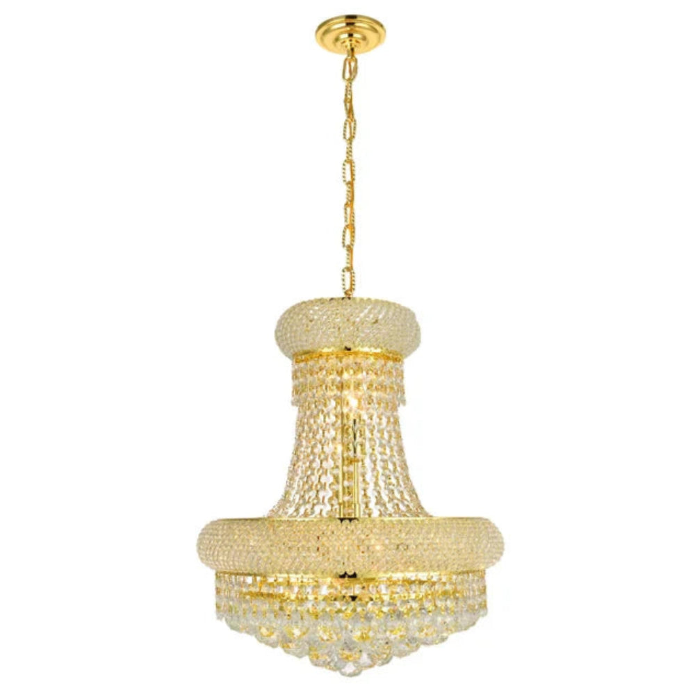 Gold chandelier with clear crystals on a white background