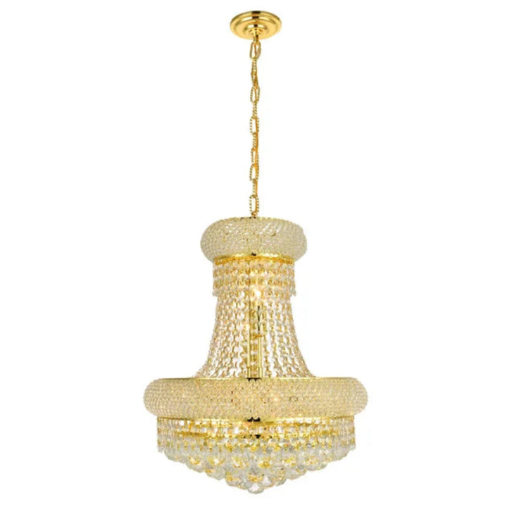 Gold chandelier with clear crystals on a white background