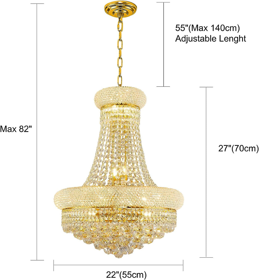 Gold chandelier with adjustable length measurements on a white background