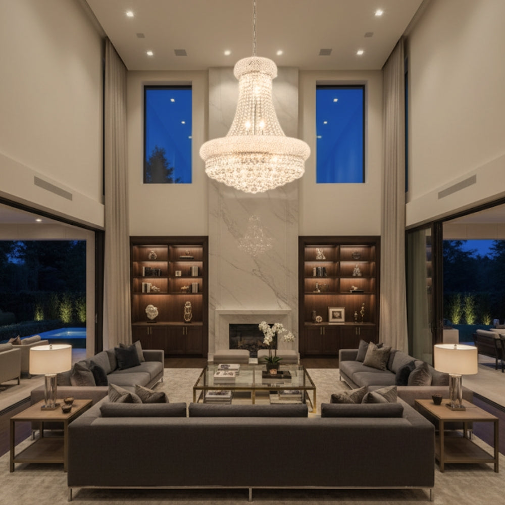 Luxurious living room with a chandelier, gray sofas, and a fireplace.