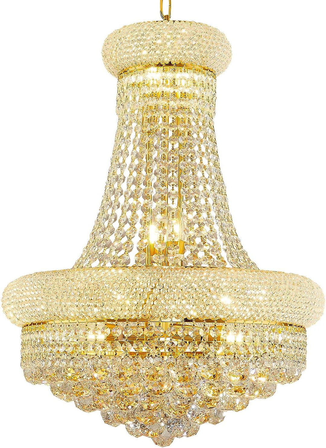 Gold chandelier with crystal accents on a white background