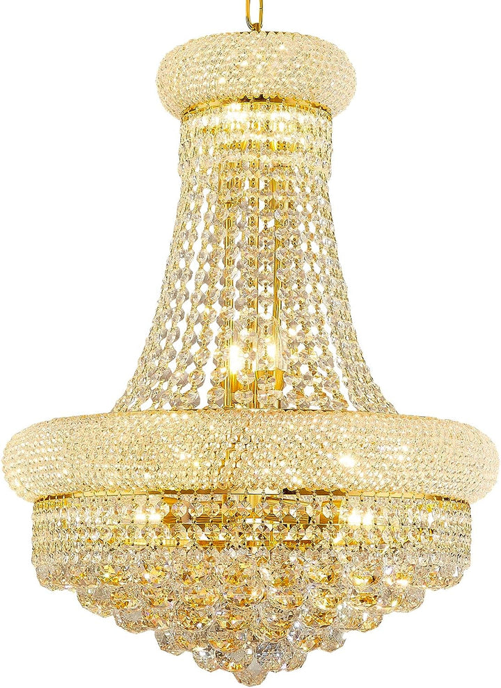 Gold chandelier with crystal accents on a white background
