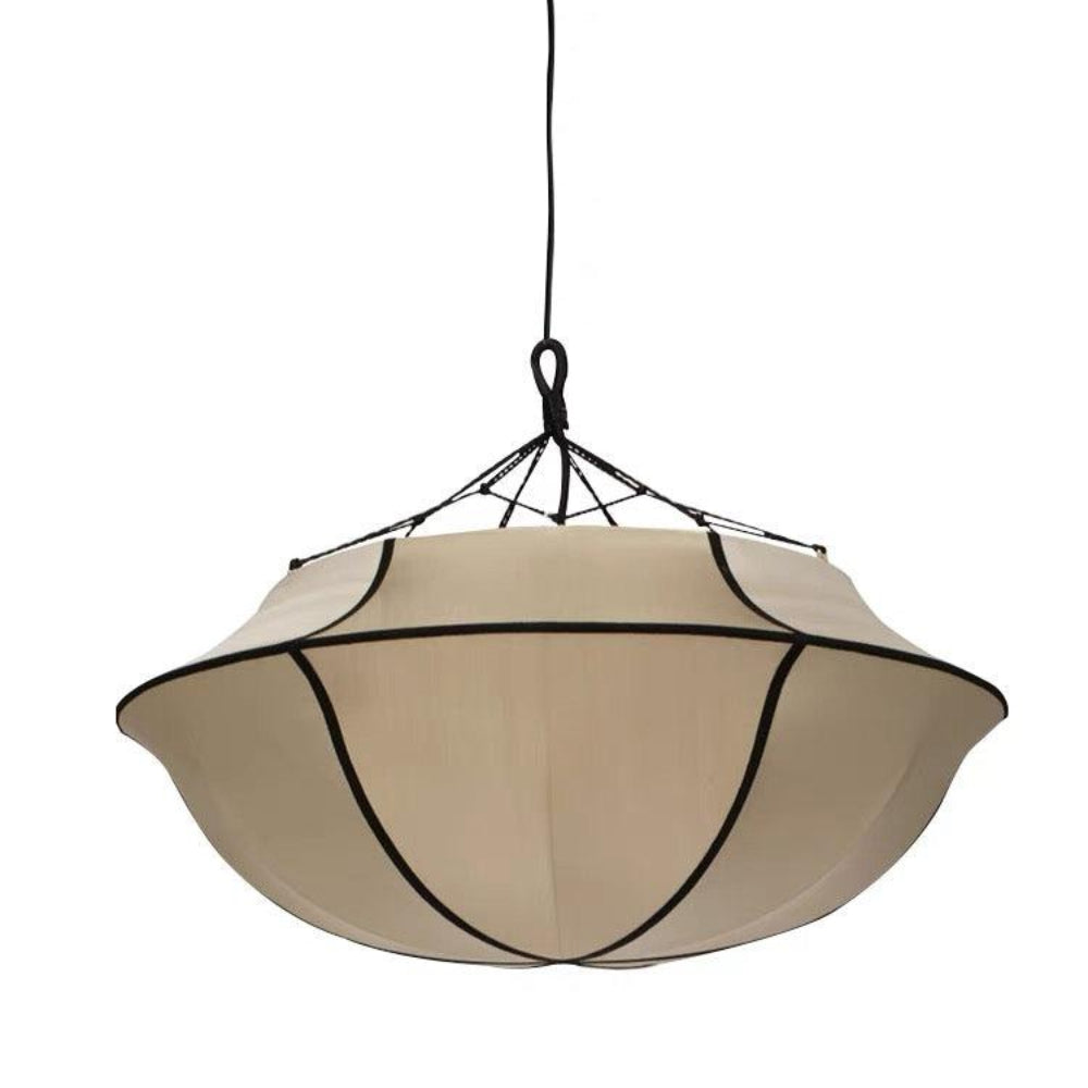 Beige pendant light with black metal frame on a white background