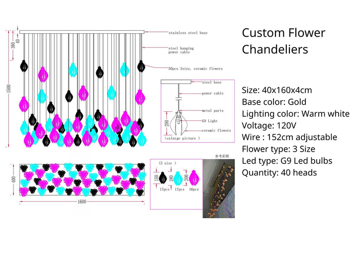 Custom Flower Chandelier 40 Heads Gold Base