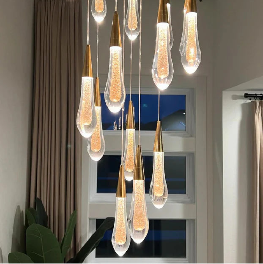 Modern chandelier with hanging light bulbs in a room setting