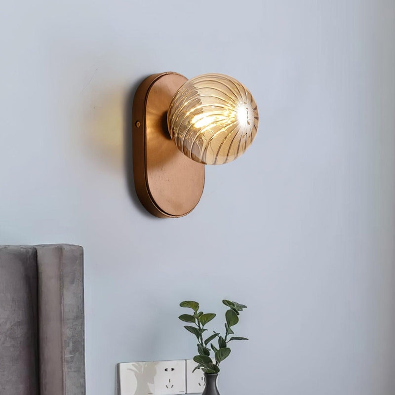 EVIE Ribbed Glass Walnut Wood Amber Wall Light
