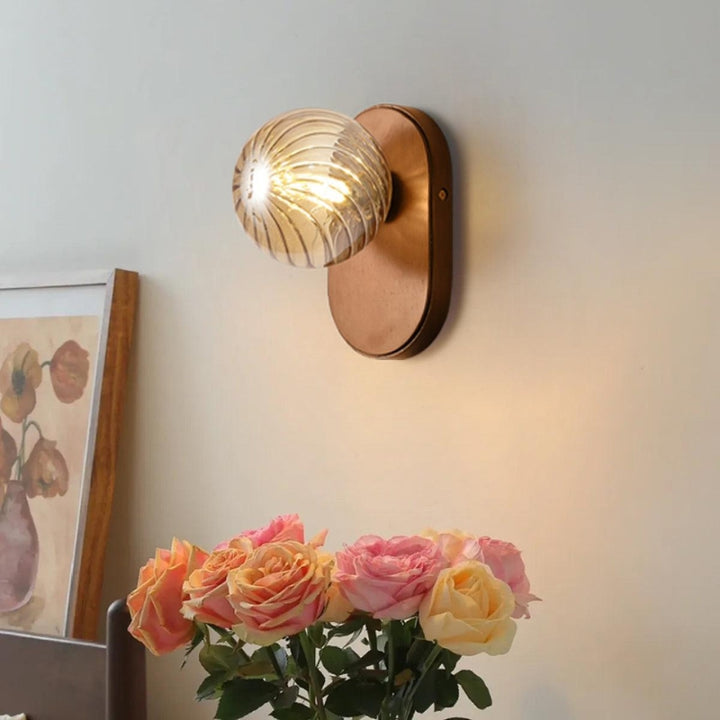 EVIE Ribbed Glass Walnut Wood Amber Wall Light