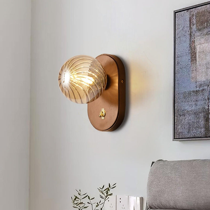 EVIE Ribbed Glass Walnut Wood Amber Wall Light