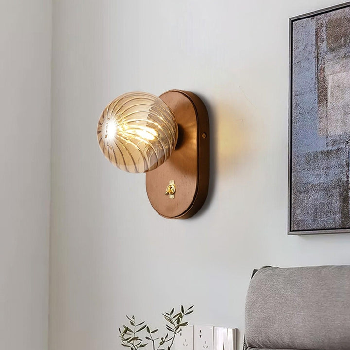 EVIE Ribbed Glass Walnut Wood Amber Wall Light