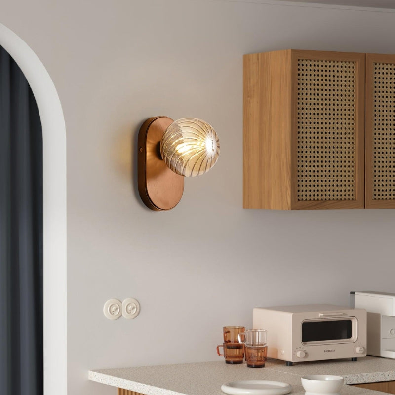 EVIE Ribbed Glass Walnut Wood Amber Wall Light
