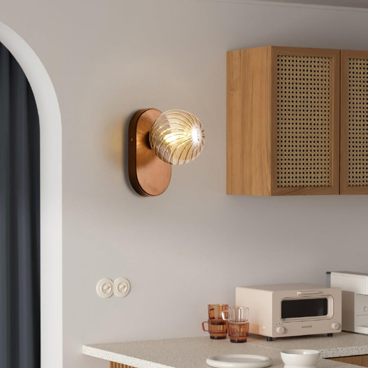 EVIE Ribbed Glass Walnut Wood Amber Wall Light