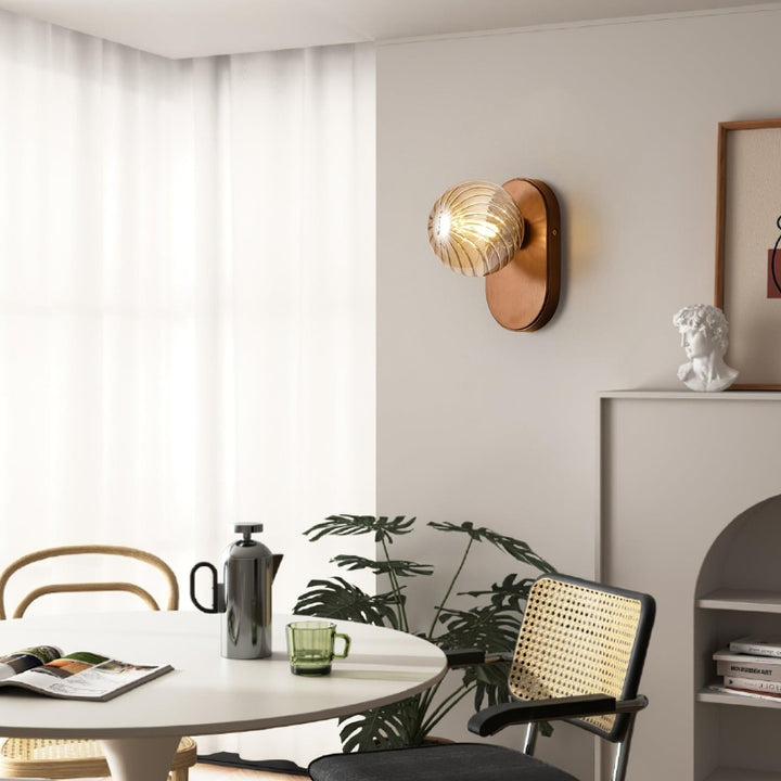 EVIE Ribbed Glass Walnut Wood Amber Wall Light