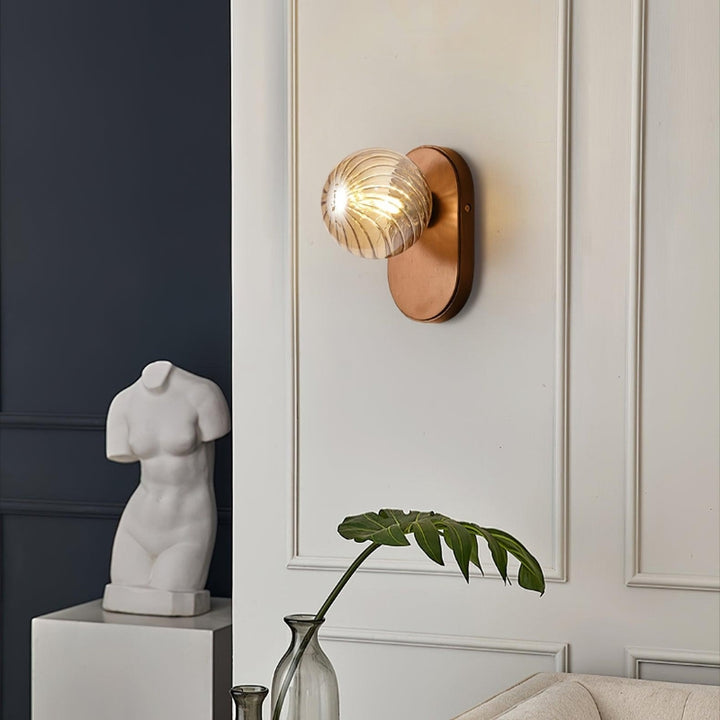 EVIE Ribbed Glass Walnut Wood Amber Wall Light