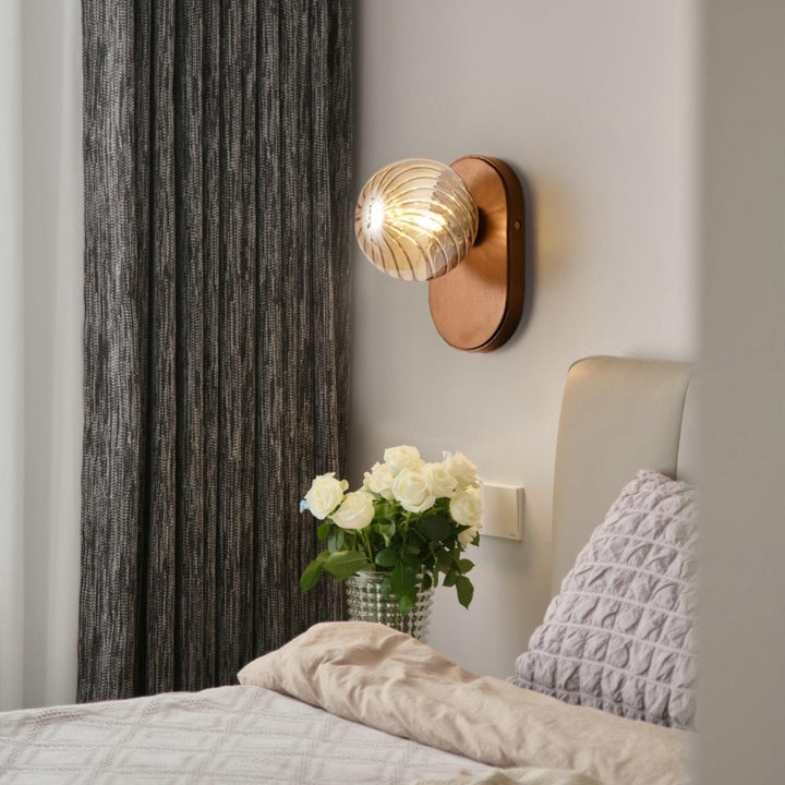 EVIE Ribbed Glass Walnut Wood Amber Wall Light