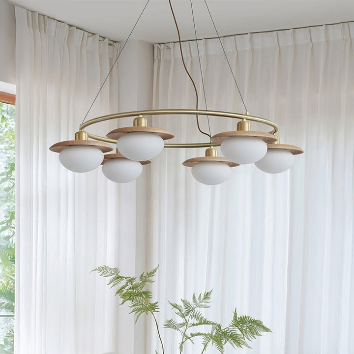 EZRA Vintage Brass Wood Circular Round Chandelier