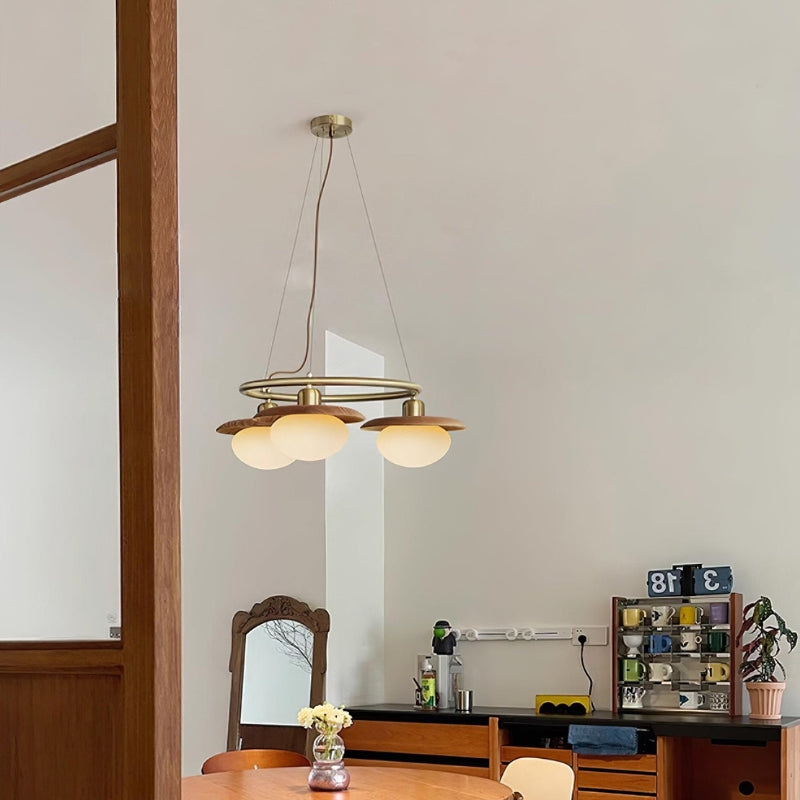EZRA Vintage Brass Wood Circular Round Chandelier