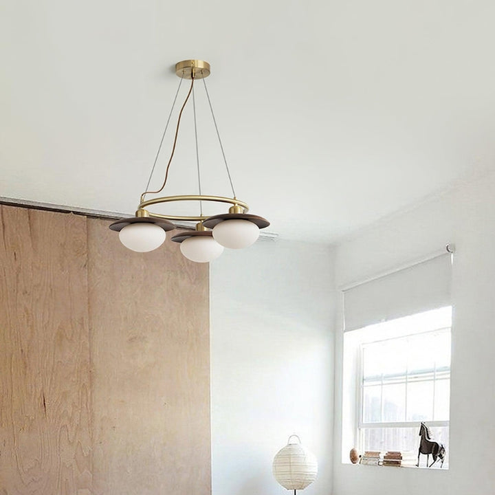 EZRA Vintage Brass Wood Circular Round Chandelier