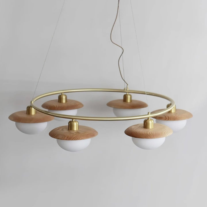 EZRA Vintage Brass Wood Circular Round Chandelier
