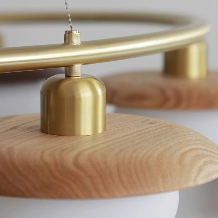 EZRA Vintage Brass Wood Circular Round Chandelier
