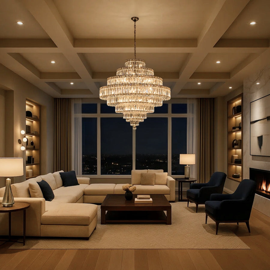 Luxurious living room with a chandelier, sofa, and coffee table.