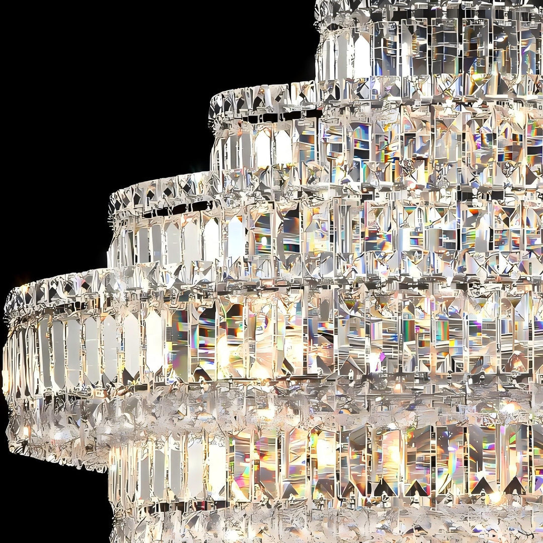 Crystal chandelier with multiple tiers on a black background