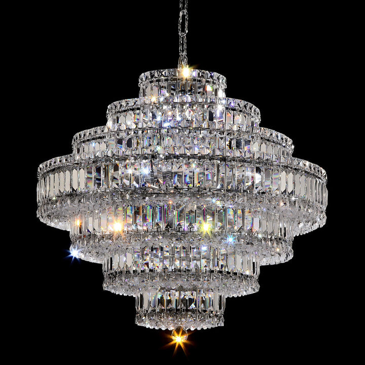 Crystal chandelier with multiple tiers on a black background