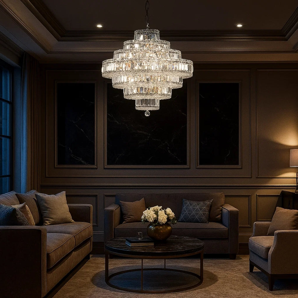 Luxurious living room with a chandelier, sofa, and coffee table.