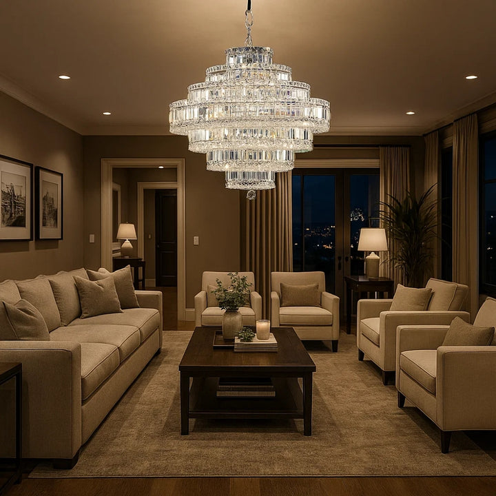 Luxurious living room with a chandelier, sofa, and coffee table.