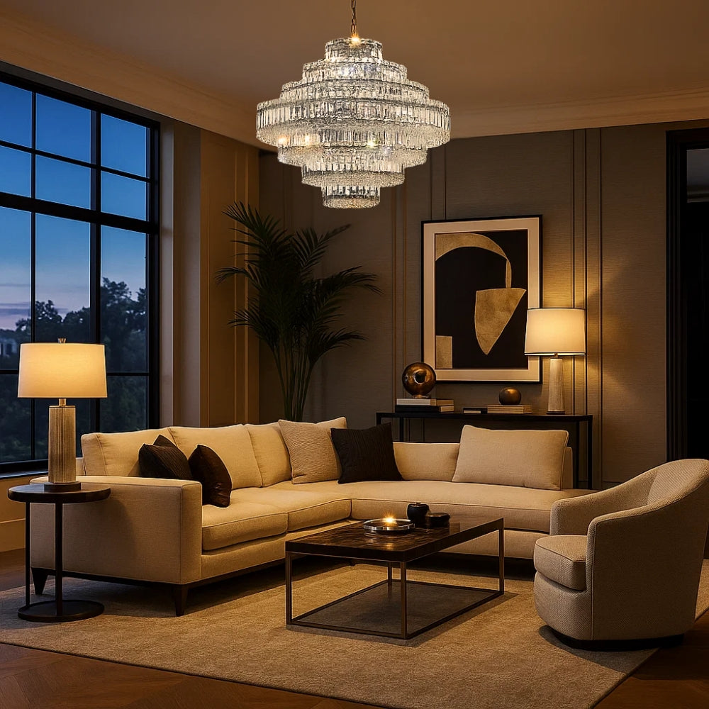 Luxurious living room with a chandelier, sofa, and coffee table.