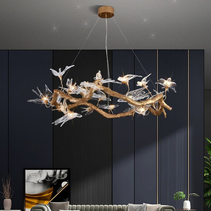 MALKA Artistic Glass Sculptural Brass Bird Chandelier