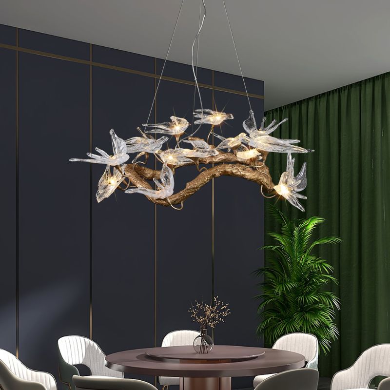 MALKA Artistic Glass Sculptural Brass Bird Chandelier