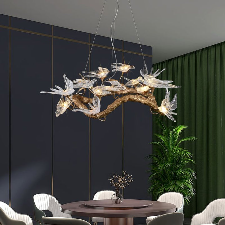 MALKA Artistic Glass Sculptural Brass Bird Chandelier
