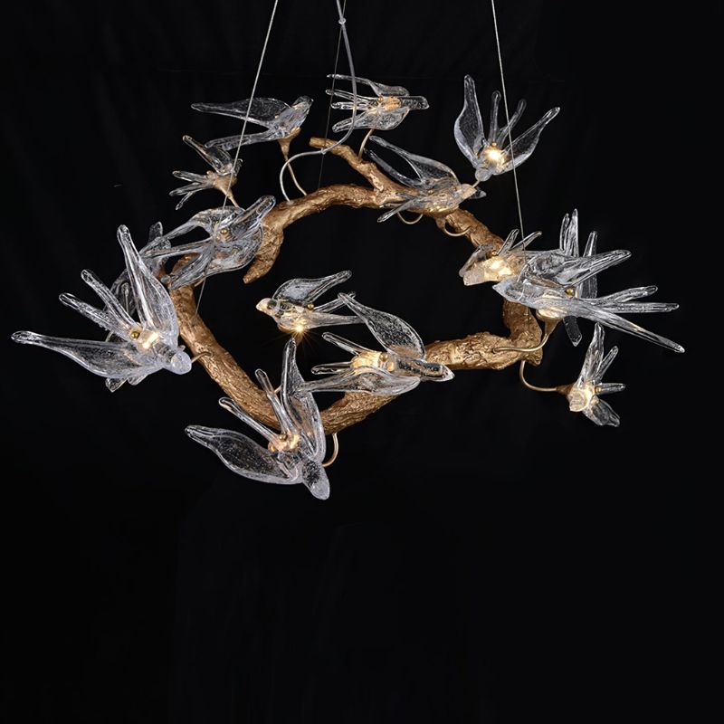 MALKA Artistic Glass Sculptural Brass Bird Chandelier