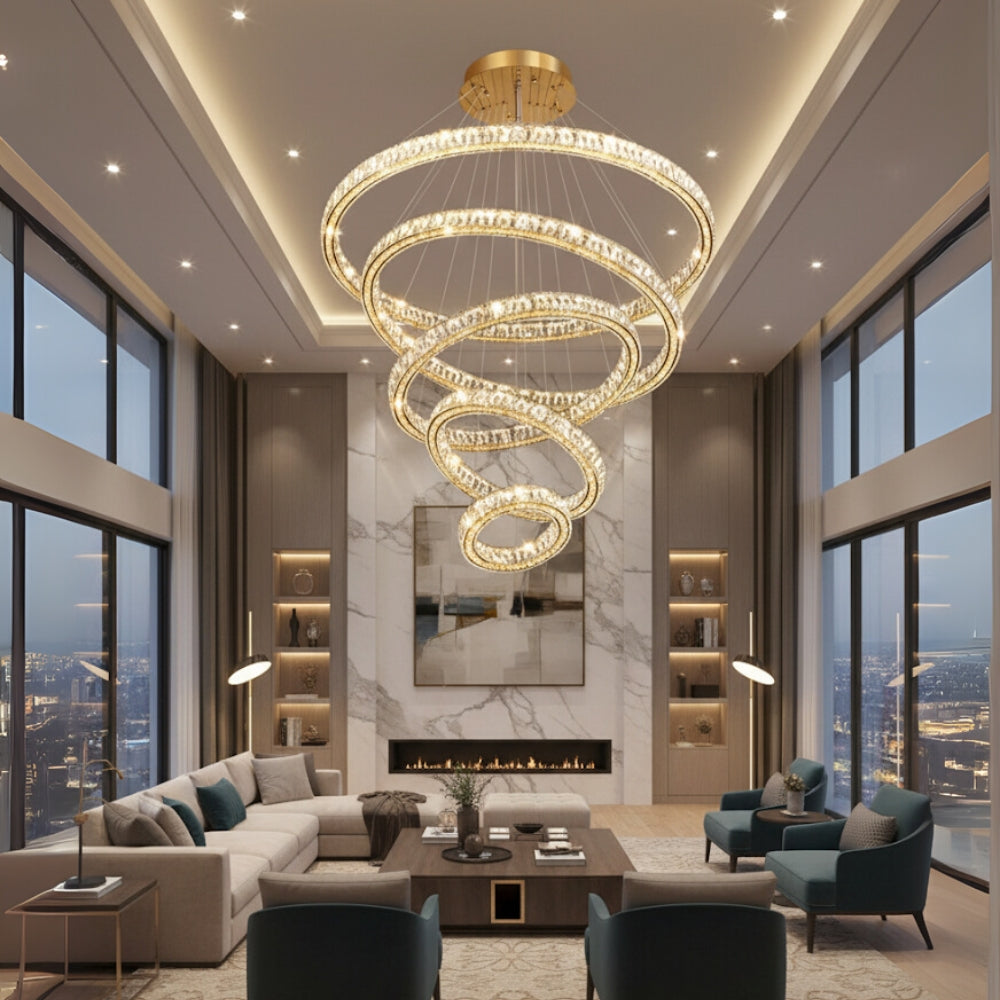Luxurious living room with a large chandelier, modern furniture, and city views.