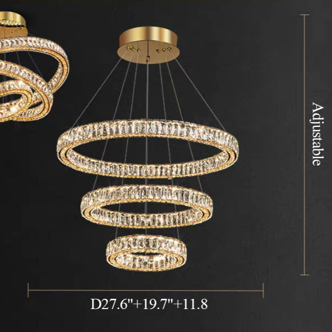 Gold spiral chandelier with dimensions on a black background