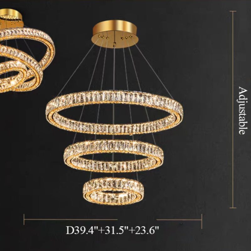 Gold spiral chandelier with dimensions on a black background