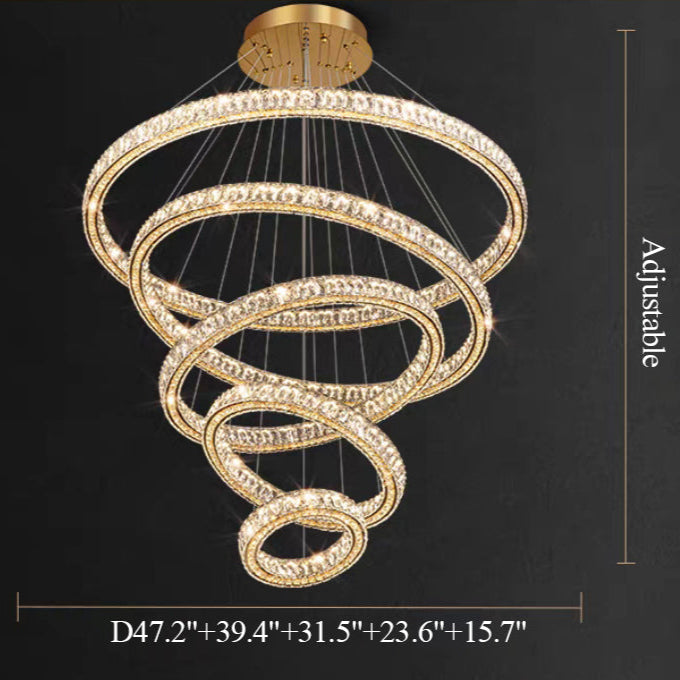 Chandelier with spiral design and dimensions on a black background