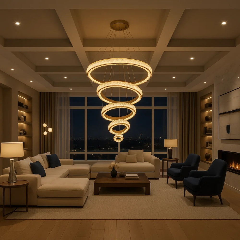 Modern living room with a large chandelier, sofa, and armchairs.
