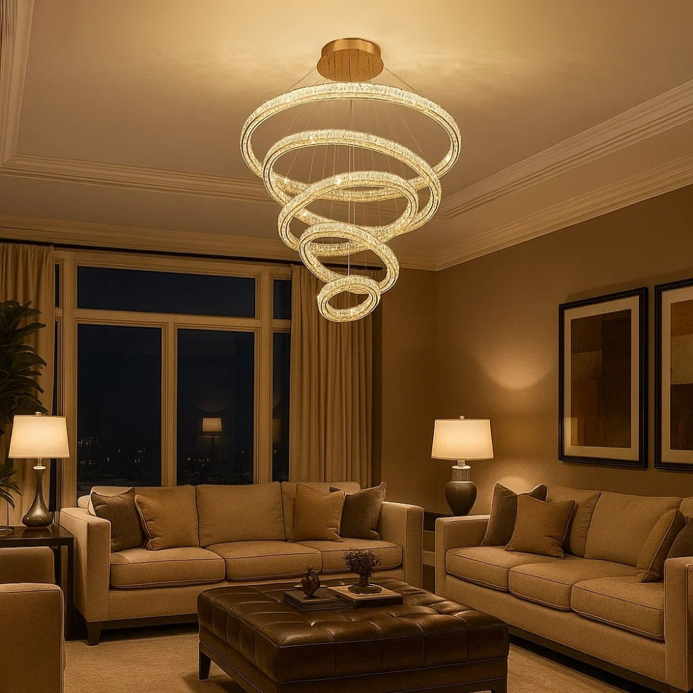 Luxurious living room with a spiral chandelier, beige sofas, and a dark wood coffee table.