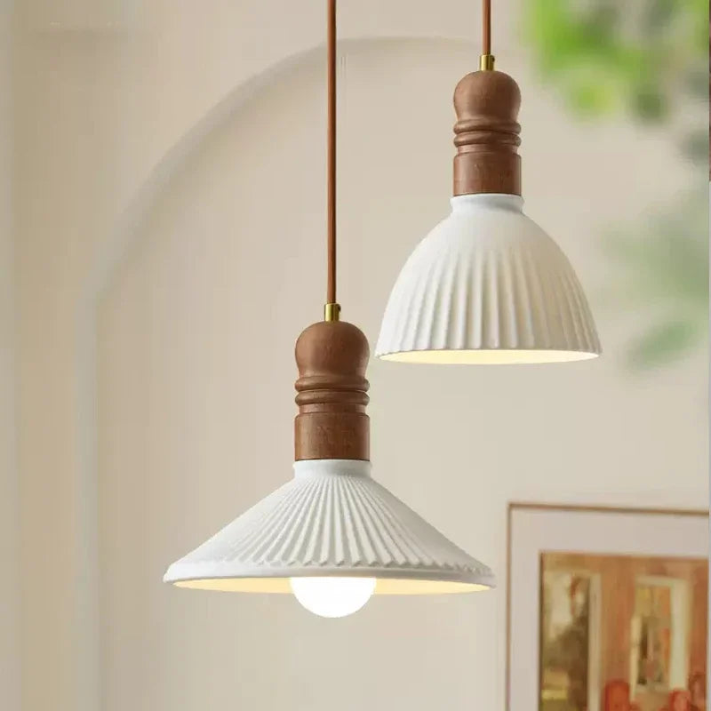 White Ceramic Wood Pendant Light