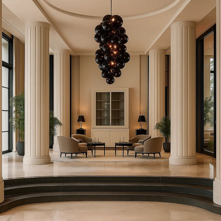 Luxurious interior with modern furniture and a large chandelier.