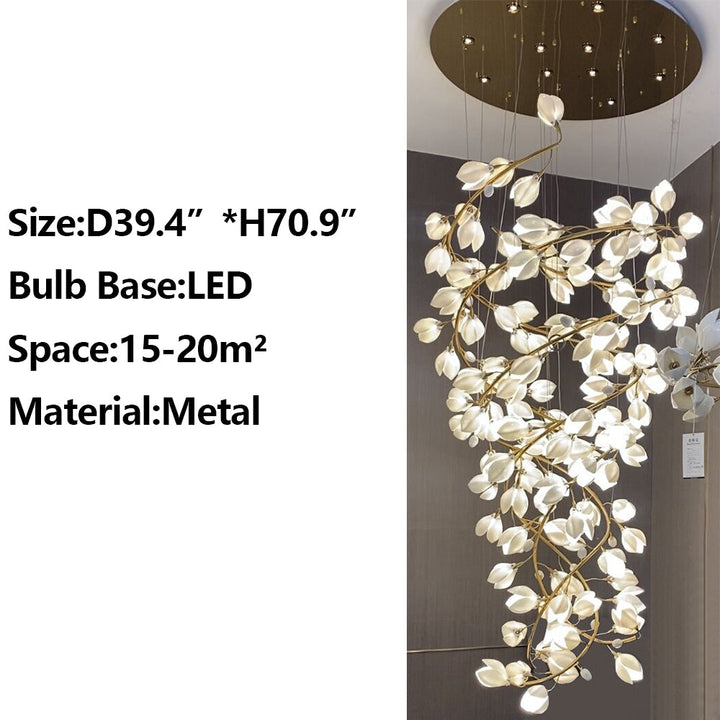 Chandelier with leaf-like design on a white background with product details.