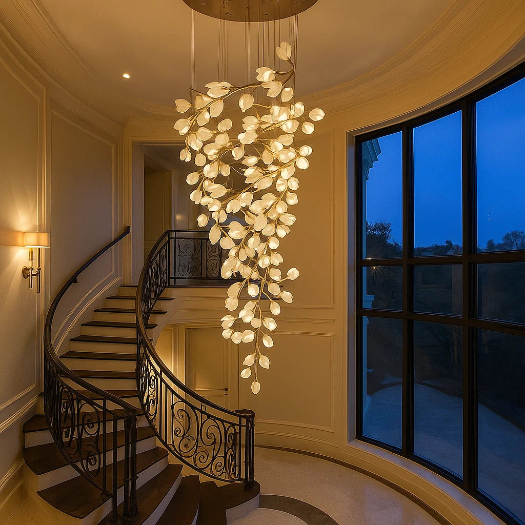 Luxurious staircase with a large, intricate chandelier in a well-lit hallway.