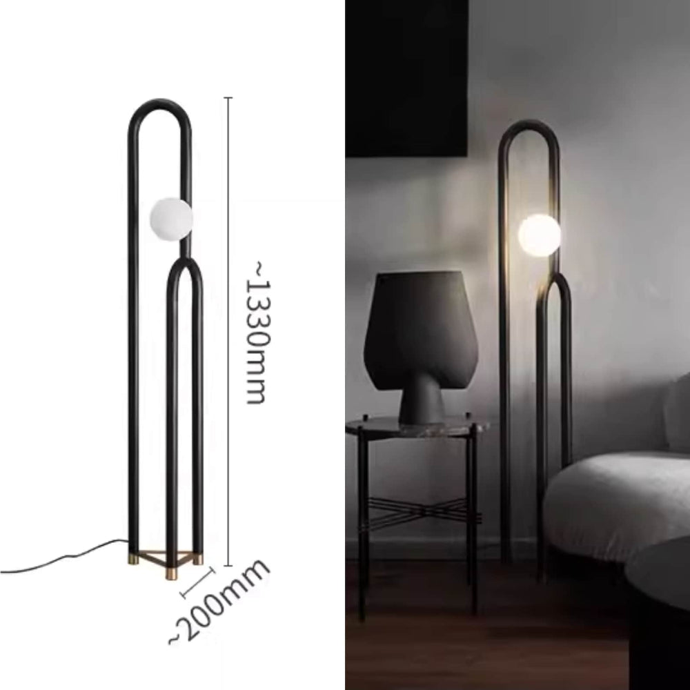 Modern floor lamp with dimensions and a dimly lit room setting.