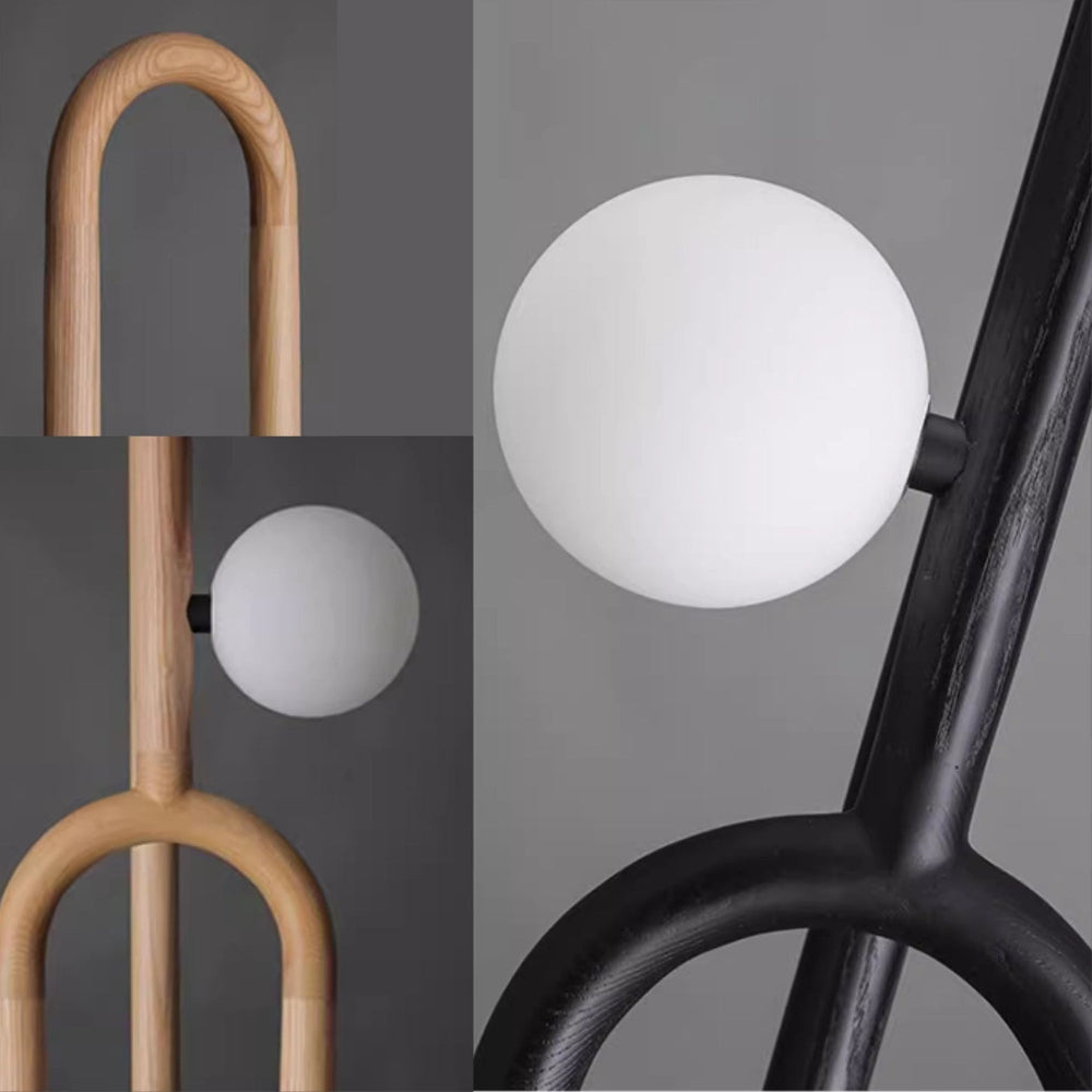Collage of a lamp with wooden and black metal base and white spherical shade on a gray background.