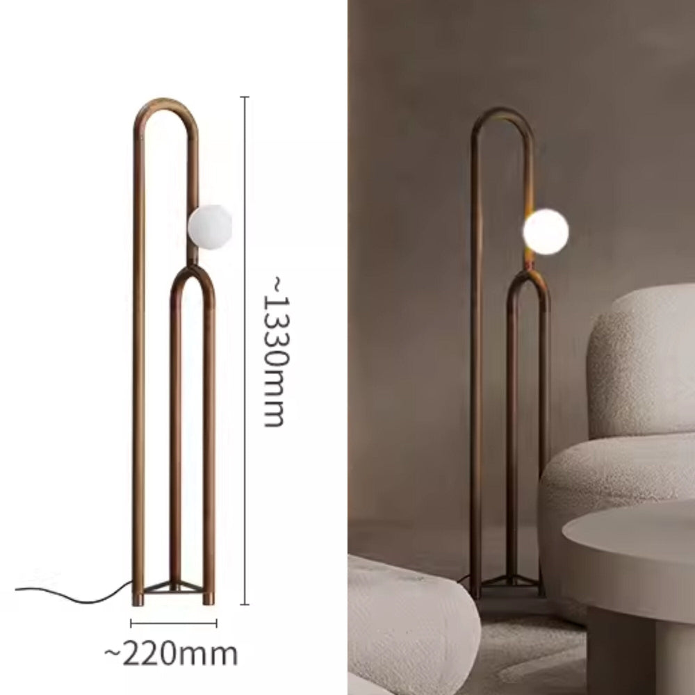 Modern floor lamp with dimensions indicated on a neutral background