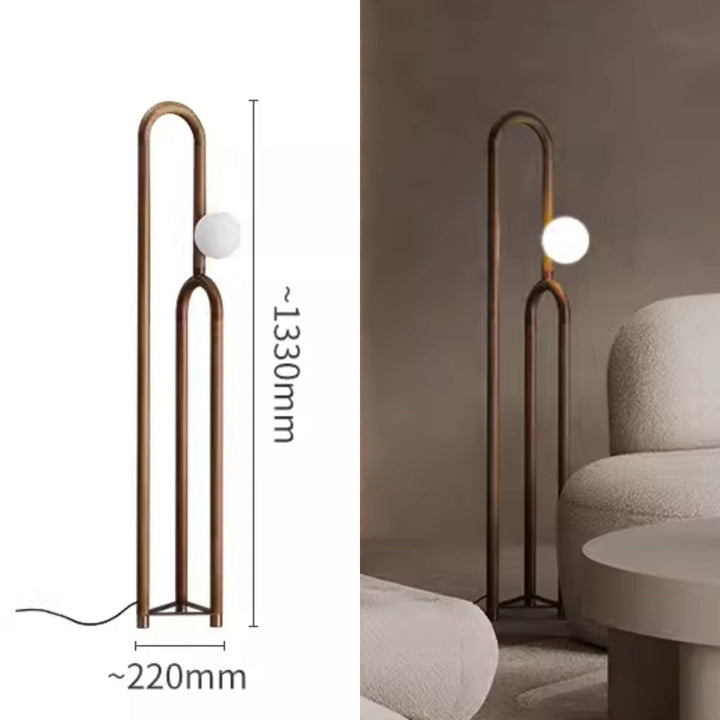 Modern floor lamp with dimensions indicated on a neutral background