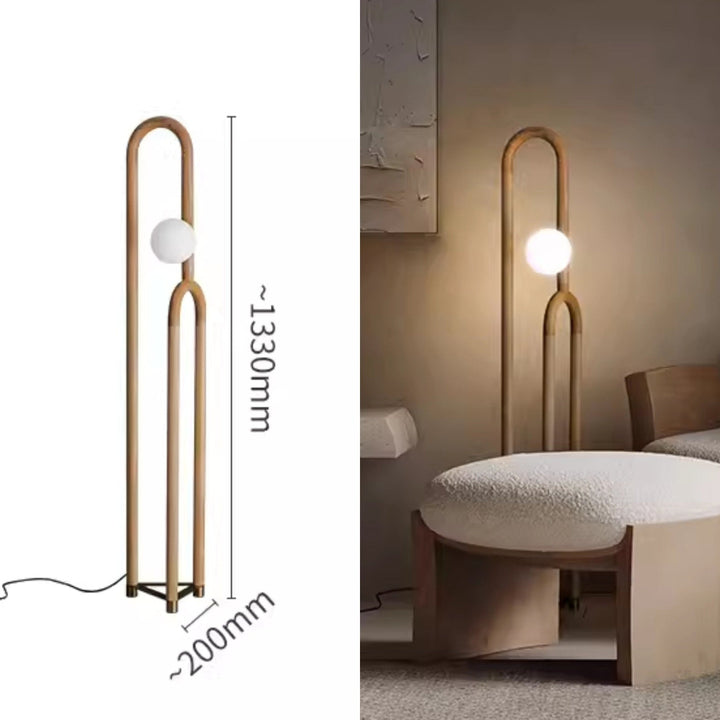 Modern floor lamp with dimensions and a living room setting.